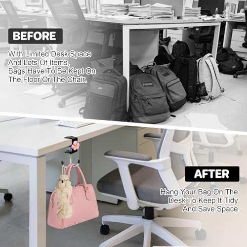 AULEEP 2 Pack Clamp-On Under Desk Bag Hook, Adjustable Purse Holder for Table with Cute DIY Stickers, 100 lbs Capacity Heavy-Duty Desk Organizer Hooks for Handbag, Backpack, Headphone, Black - color: Black