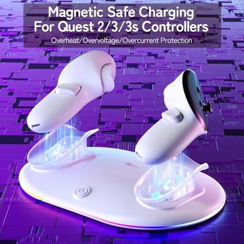 Compact Charging Dock for Meta Quest 3/3s/2 Controllers with RGB Light, VR Accessories Display Stand & Wireless Charging Station for Oculus Controllers with Rechargeable Batteries (2100mAh*2)