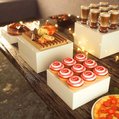 10” Large Buffet Risers with Mini Signs, Table Risers, Buffet Risers and Stands, Acrylic Cube Display Box Riser for Catering Party Buffet Table Food Display, Dessert, Cakes - White, Set of 4 Boxes - color: 10 inches-4 Pack