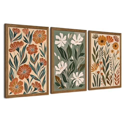 InspiredHues 3 Piece Abstract Boho Floral Canvas Wall Art, Green Beige Flower Market Wall Decor, Minimalist Colorful Botanica Artwork Prints for For Living Room Bedroom Office 12x16 Inch Wood Framed - color: Abstract, size: 16"L x 12"W
