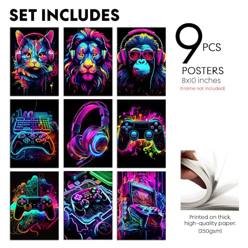 Elegend Gaming Wall Art - 9pcs Water Color Posters, Game Room Decor