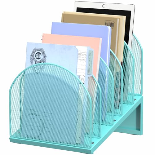 5-Section Desk File Organizer, Metal Mesh Folder Organizer for Documents, Mail & Office Papers (Blue) - color: Blue