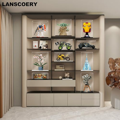LANSCOERY Acrylic Display Case, 8x8x10 in, Upgraded Thickened UV-Resistant Showcase, 98% Clarity Dustproof Box with Glossy White Base for Action Figures, LEGO & Models, Includes Scraper & LED Light - color: White, size: 8x8x10inch; 20x20x25cm