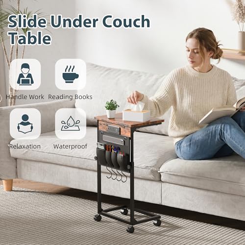 Adjustable Height Couch Table with USB-C Charging Station & Pocket Storage – Compact Couch Stand with Hooks & Wheels for Small Spaces & Living Room, Adjustable C Table (Rustic Brown) - color: Rustic Brown