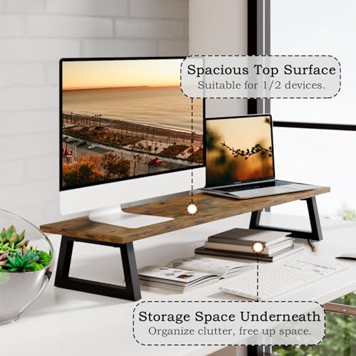 TEAMIX 31.5 inch Dual Monitor Riser for 2 Monitors, Long Monitor Stand Riser TV Stand Riser Monitor Stand for Desk Wood & Steel Desktop Riser Desk Organization Home Office - color: Brown