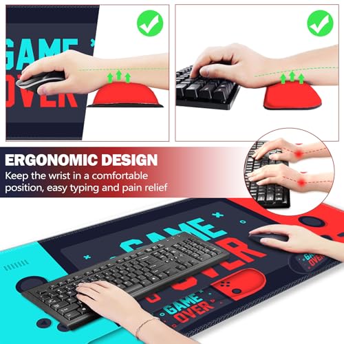 ARTSO Large Gaming Mouse Pad, Keyboard Wrist Rest Pad & Wrist Support Mousepad Set, Stitched Edge, Extended, Non-Slip Base, Memory Foam Desk Mat, Green Red Game Console - color: Green Red Game Console