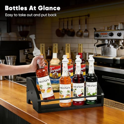 Mini Coffee Syrup Rack, 2-Tier | Syrup Bottles Holder, Liquor Bottle Display Shelf, Rustic Wooden Countertop Organizer, For Coffee Bar, Spirits, Tea - color: 2-Tier Wood