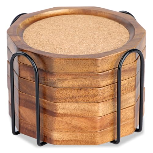 Wood Cork Coasters for Drinks Absorbent with Holder, 4.33in Decagonal Shape Acacia Wood Coaster Set Drink Coasters for Cups, Mugs, and Glasses - Handcrafted, Durable, and Stylish - color: Cork