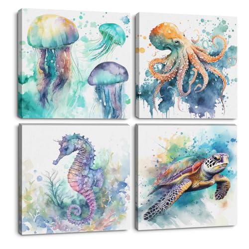 4PCS Sea Animals Room Decor Jellyfish Sea Turtle Decor Canvas Wall Art Framed Home Decor Watercolor Seahorse Octopus Paintings Wall Decor Modern Canvas Prints for Playroom Farmhouse Living Room - color: Multi 1235