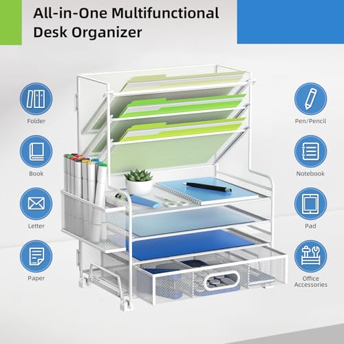 MINDEPOT 4-Tier Paper Organizer + 3-Pocket File Holder + Drawer + Pen Holders, Desktop File Organizers Paper Tray for Office Supplies School Classroom Organization (White, with Drawer & Pen Holder) - color: White, with Drawer & Pen Holder