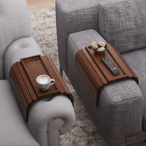 2 Pack Sofa Arm Tray, Bamboo Folding Couch Armrest Tray with Anti-Slip Pad For Drinks, Snacks, Phone, Remote Control (Brown) - color: Brown