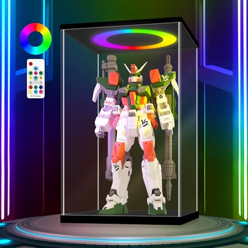 LANSCOERY Acrylic Display Case 13.8x9.8x21.2 in, 10mm Base, RGB Ring Light, 3mm Clear Panels, Front Door for Action Figures and Models - size: 13.8x9.8x21.2inch; 35x25x53.5cm