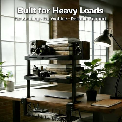Clamp On Desk Shelves Organizer, Adjustable 2-Tier Desk Storage Rack with Large Trays, Phone Stand & Headphone Hook, No-Drill Setup for Office & Gaming Desks