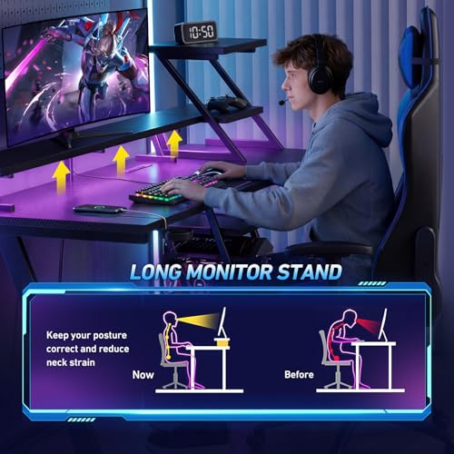 Korfile 47 Inch Gaming Desk with LED Lights & Power Outlet, L Shaped Computer Desk with Storage Shelves, Gamer Workstations with Monitor Stand for Bedroom, Carbon Fiber Black - size: 47 Inches