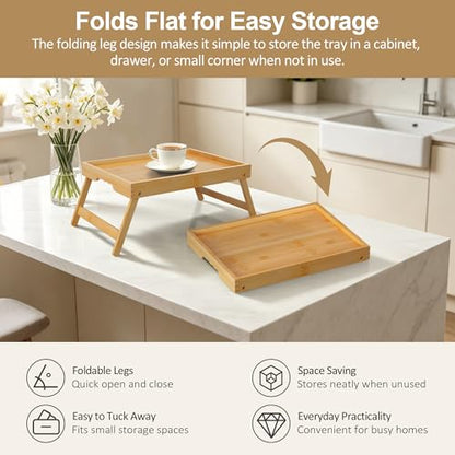 Large Breakfast Tray with Folding Legs Set of 2, 16.9" x 12.2" Bamboo Bed Tray Table with Ergonomic Wave Handles, Foldable TV Dinner Tray for Bed Couch Sofa, Breakfast, Laptop, Coffee, Natural - color: Natural, size: Large