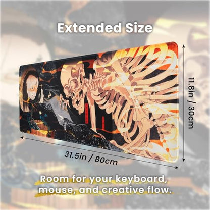 BELLEMOND Japanese Art Desk Mat | Large 31.5x11.8in Anime Mouse Pad for Keyboard & Mouse | Non-Slip Base, Water-Repellent | Original Japanese Design | Yokai Rising - color: Yokai Rising