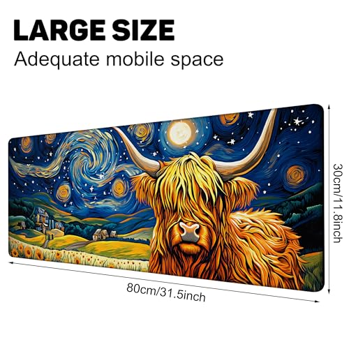 Highland Cow Starry Night Gaming Mouse Pad Large Desk Mat Extended Keyboard Anime Mousepad with Non-Slip Base and Stitched Edge for Desk Home Office Gaming,31.5 x 11.8 Inch - color: Highland Cow Starry Night, size: 11.8*31.5inch
