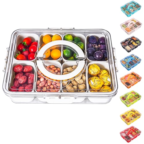 Dingerjar Divided Serving Tray with Lid and Handle - Snackle Box Charcuterie Container for Portable Snack Platters - Clear Organizer for Candy, Fruits, Nuts, Snacks - Perfect for Party, Entertaining - color: White