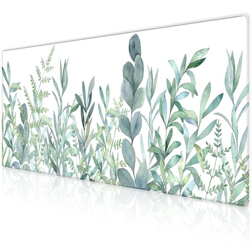 XXL Waterproof Office Desk Pad Protector 31.5x11.8 Inch - Extended Gaming Mouse Pad with Non-Slip Rubber Base, Thickened Keyboard Mat, Stitched Edges & Green Plants Design - color: Green White