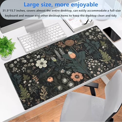 Extended Gaming Mouse Pad XL, Dark Botanical Floral Desk Mat Keyboard Pad | Beautiful large desk pad with a vintage dark botanical floral print. Ideal for aesthetic elegant setups. - color: Dark Floral
