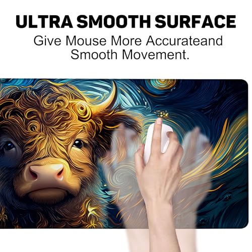 Starry Night Highland Cattle Gaming Mouse Pad Large Desk Mat Extended Keyboard Anime Mousepad with Non-Slip Base and Stitched Edge for Desk Home Office Gaming,31.5 x 11.8 Inch - color: Starry Night Highland Cattle, size: 11.8*31.5inch