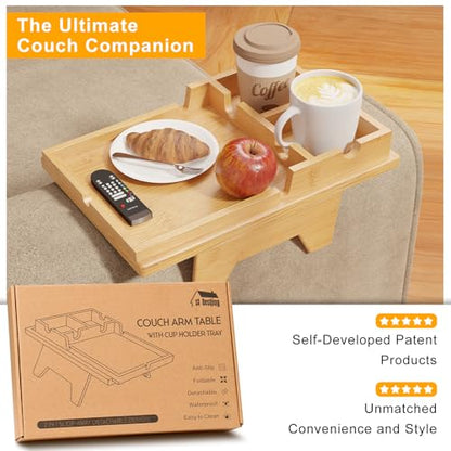 Bestjing Bamboo Couch Cup Holder Tray - 2 in 1 Couch Armrest Table with Be Slide-Away Detachable Double Holder - Sofa Armchair Caddy for Drinking Snacks iPad TV Remote - color: Bamboo, size: 13.8" x 9.5" x 2.4"