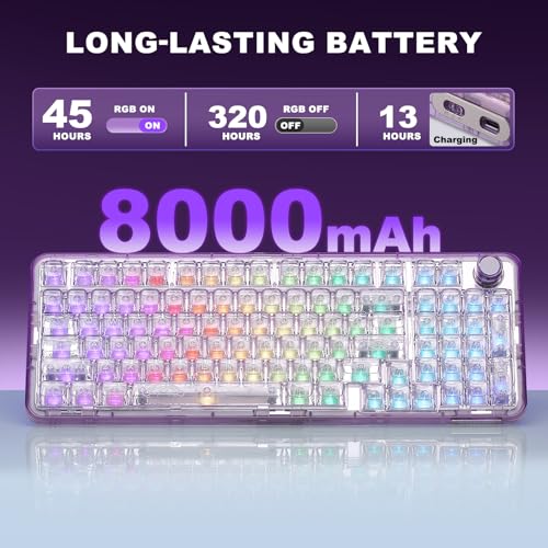 YUNZII X98 QMK/VIA Wireless Mechanical Gaming Keyboard with Knob,Tri-Mode BT5.0/USB-C/2.4GHz Hot Swappable Keyboard,Pre-lubed Switches Gasket Mount RGB Backlit for Wins/Mac (Purple, Crystal Switch) - color: Purple, size: Crystal Switch