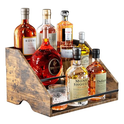 Nuovoware Liquor Bottle Display Shelf, Coffee Syrup Organizer, 3 Step Countertop Liquor Wine Rack, Home Retro Shelf Stand for Mini Bar, Cabinet, Bar Essentials for Whiskey, Spirits, Wooden - color: Wooden, size: 3 Tier