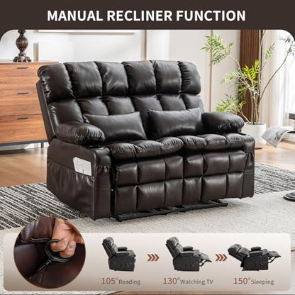 RV Loveseat Sofa with Massage & Heat,Wall Hugger Reclining Loveseat Recliner RV Couch with Cup Holders, Home Theater Seating with Front Porckets&Side Pockets, 2 Pillows, Faux Leather Brown - color: Brown, size: Loveseat