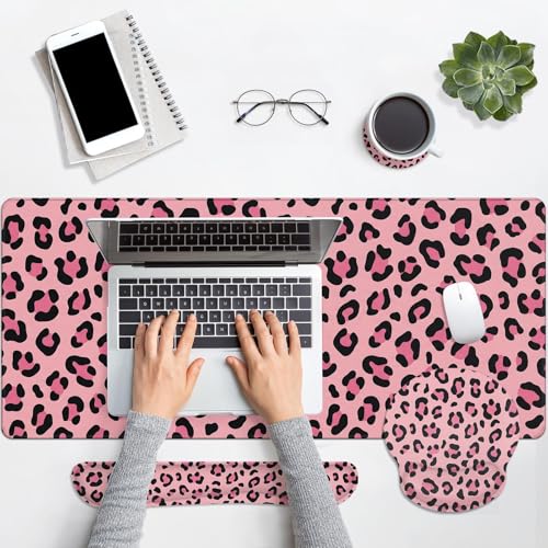 Arttown Leopard Desk Mat Pink and Black Leopard Mouse Pad Set 4 in 1 Ergonomic Design Large Mouse Pad + Keyboard Wrist Rest + Mouse Wrist Rest + Coaster Suitable for Home Office Study Game - color: Pink Black Leopard