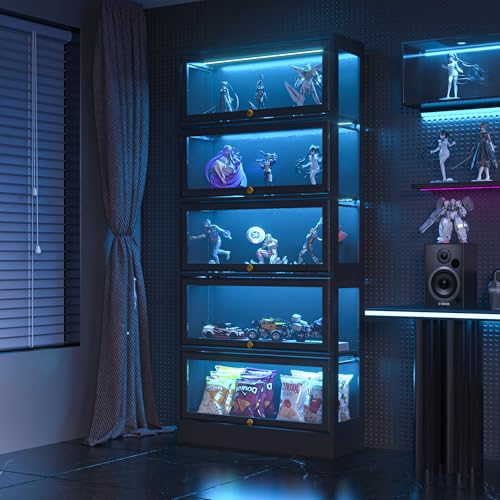 Display Cabinet with Acrylic Glass Doors,5-Tiers Curio Cabinet with LED Lighting for Collectibles, Collectibles Toy Organizers Rack & Display Shelf Display Case Storage Cabinet, Black - color: Black, size: 31" W x 67" H