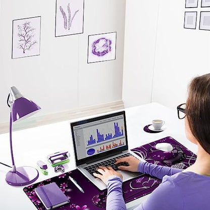 ARTSO Desk Mat, Large Gaming Mouse Pad Wrist Support Set, Ergonomic Keyboard Wrist Rest Desk Pad with Coaster Combo, Extended Mousepad with Non-Slip for Home Office, Purple Heart Butterfly - color: Purple Heart Butterfly