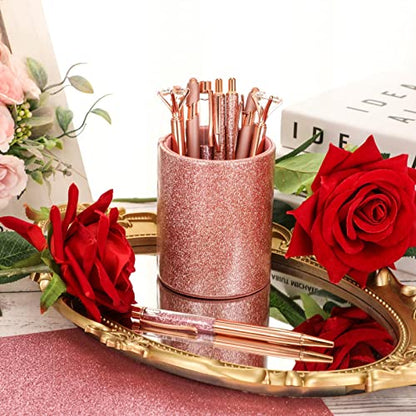 Sabary 8 Pcs Rose Gold Pens with Pen Holder for Desk Glitter Crystal Diamond Cute Ballpoint Fancy Pencil Holder Bling Desk Organizer for Women Girls School Office Supplies Wedding Graduation Gifts - color: Rose Gold
