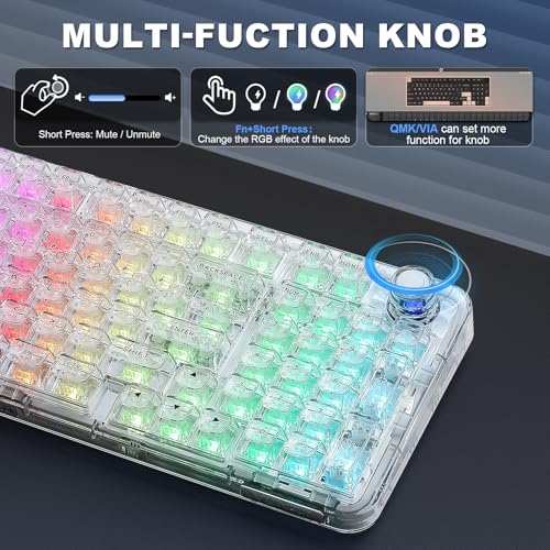 YUNZII X98 QMK/VIA Wireless Mechanical Gaming Keyboard with Knob,Tri-Mode BT5.0/USB-C/2.4GHz Hot Swappable Keyboard,Pre-lubed Switches Gasket Mount RGB Backlit for Wins/Mac (White, Crystal Switch) - color: White, size: Crystal Switch