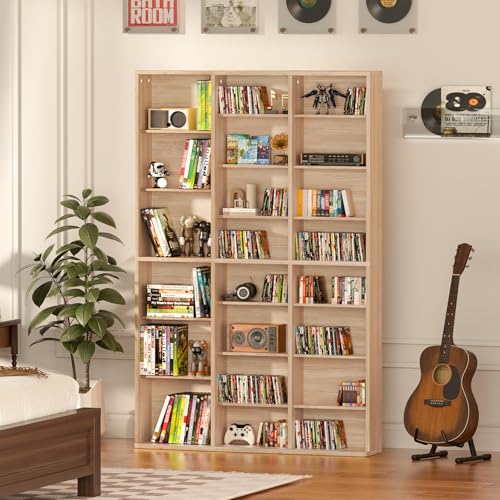 8 Tier Tall Display Cabinet, Natural Media Storage Cabinet with Adjustable Shelves, Free Standing DVD Organizer Shelf, Floor multimedia storage manga bookshelf for Living Room & Home Office. - color: Natural, size: 8-Tier