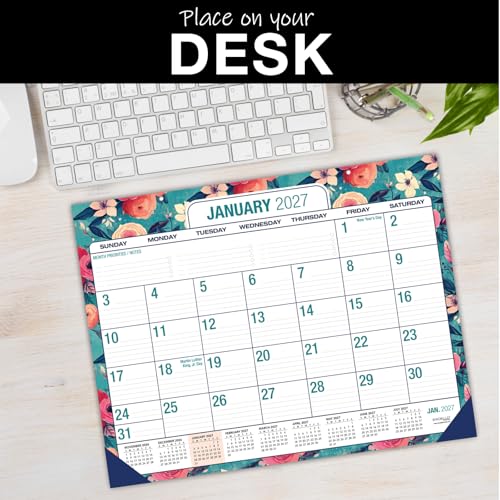 Desk PAD: 22" x 17" Large Print Desk Pad Calendar, APR 2026 - DEC 2027, 21 Months, (Teal Floral) - color: Teal Floral