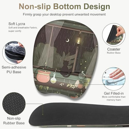 Aesthetics Large Mouse Pad with Wrist Support 4 in1 Set, XXL Big Game Mousepad + Keyboard Wrist Rest + Mouse Wrist Rest Pad +Coaster Gaming Mat for Home Office Computer I Green Plants and Black Cat - color: Green Plants Black Cat