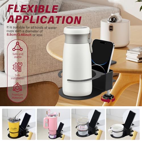 Desk Cup Holder for Coffee Mugs, Tumblers, Water Bottles with Mobile Phone Stand, Anti-Spill Metal School Home Office Accessories (Black-1) - color: Black-1