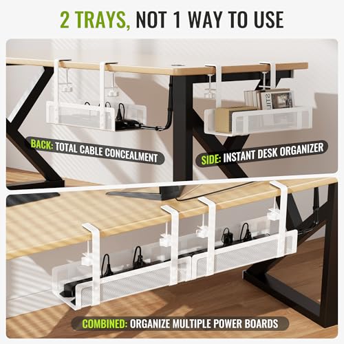 [Upgraded] 2 Pack Cable Management Under Desk Tray, Xpatee 27.6" No Drill Open Slots Cable Management Tray, Cord Wire Organizer Box with Clamp for Table Thickness up to 3" - No Desk Damage(White) - color: White, size: 2 Pack (Upgraded Mesh)