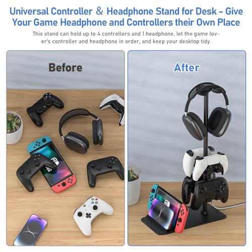 MANMUVIMO Headset Stand Controller Holder for 1 Headset and 4 Controller, Headphone Game Controller Stand for Desk, Gamer Gifts, Organizer Rack for iPad/Mobile Phone, Gaming Room Accessories - size: 1 Headphone 4 Controller Holder Black