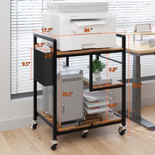 Sedegn Large Printer Stand with Wheels: Lockable Rolling Printer Cart | 24 x 18 Inch Top Fits Laser Printers Shredders and PC Towers 3-Outlet Power Strip and Storage Bag for Home Office (Brown) - color: Brown