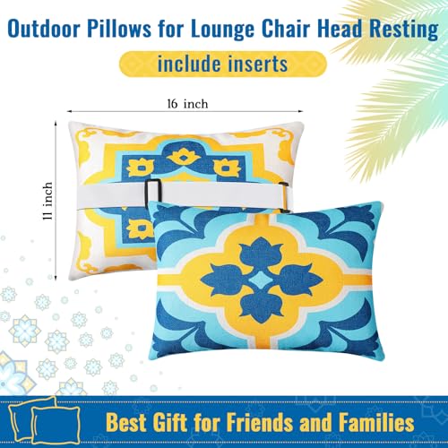 Juexica 2 Pack Chaise Lounge Pillow with Strap Outdoor Waterproof Beach Chair Neck Headrest Pillow Adjustable Elastic Band for Hammock Lumbar Recliner Pillows for Patio Pool Chair(Boho Blue Flower) - style: Boho Blue Flower
