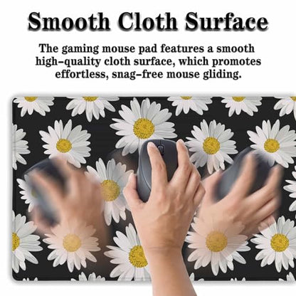 Big Mouse Pad Black Desk Pad Large Gaming Mousepads Pc Mouse Pads Office Items Non-Slip Rubber Base Waterproof with Stitched Edges 35.4 X 15.7 for Game Office, White Daisies - color: White Daisies