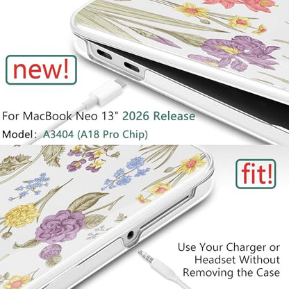 DONGKE Compatible with MacBook Neo 13 Inch Case 2026 A3404 A18 Pro chip & Touch ID, Plastic Hard Shell with Keyboard Cover, Screen Protector & Dust Plugs, Botanical Floral - color: Botanical Floral