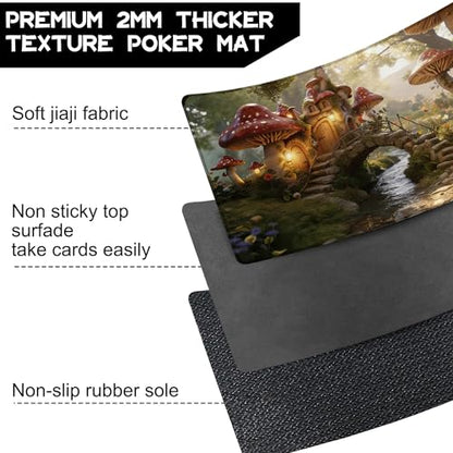 for MTG Playmat 24 x 14 Inches Enchanting Mushroom Houses Magic Play Mat Card Game Mat for Magic The Gathering TCG PTCG Playmat with Free Storage Bags Non-Slip Backing and Stitched Edge - color: Enchanting Mushroom Houses No With Zones
