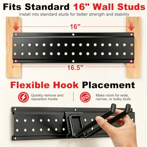 Garage Tool Organizer Wall Mount 66 inches with 13 Adjustable Heavy-Duty Hooks, Garage Organization, Garden Tool Storage Rack, Yard, and Shed, Holds Up to 520 lbs - size: 66" | 4 Panels + 13 Hooks