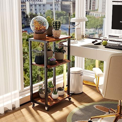 YMYNY Mobile Printer Stand, 3-Tier Printer Cart with Adjustable Storage Shelf and 6 S-Hooks, Tall Printer Table for Home Office, for Computer Tower Stand, Shredder, CPU Stand, Rustic Brown, UHPT002H - color: Rustic Brown-3 Tiers