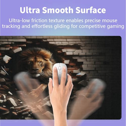 Large Gaming Mouse Pad (31.5" x 15.8") - Lion Modern Illustration of King of The Jungle Emerging from Brick Wall, Extra XXL Extended Office Accessories, Premium Stitched Anti-Slip Desk Mat - color: Lion