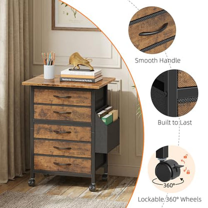 HIGDBFE 5 Fabric Drawers File Cabinet with Side Pocket, Rolling Printer Stand with Storage for Home Office, Wood Top Storage Cabinet Office Storage for Documents and Crafts, Rustic Brown, 15" D - size: 15"D (5 Drawers)
