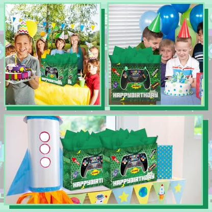 Woohookaka Gamer Birthday Gift Bags 13" Large - Controller Game Theme Party Supplies with Handle, Tissue Paper & Card for Boys Girls - color: Game